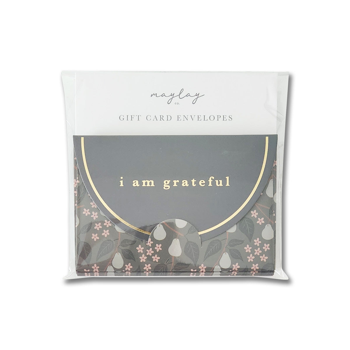 A set of gift card envelopes from Maylay Co., featuring a charming floral and fruit design, complete with a sophisticated matte finish. The Pears 6 Pk Gift Card Envelopes are elegantly embellished with the phrase "I am grateful" and intricate gold foil accents for an added touch of luxury.