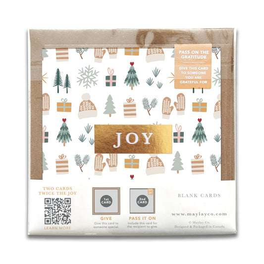 Back of the Cozy Winter JOY gratitude card package with product details