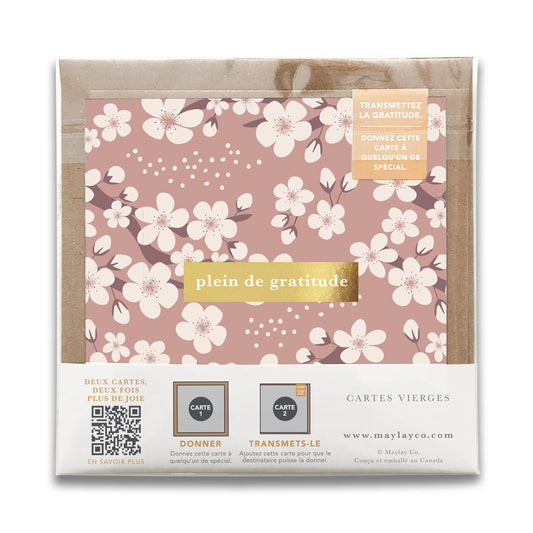French Cherry Blossoms Florals « Plein de Gratitude » — Cartes de Gratitude (Ensemble de 2) — Cartes à Transmettre