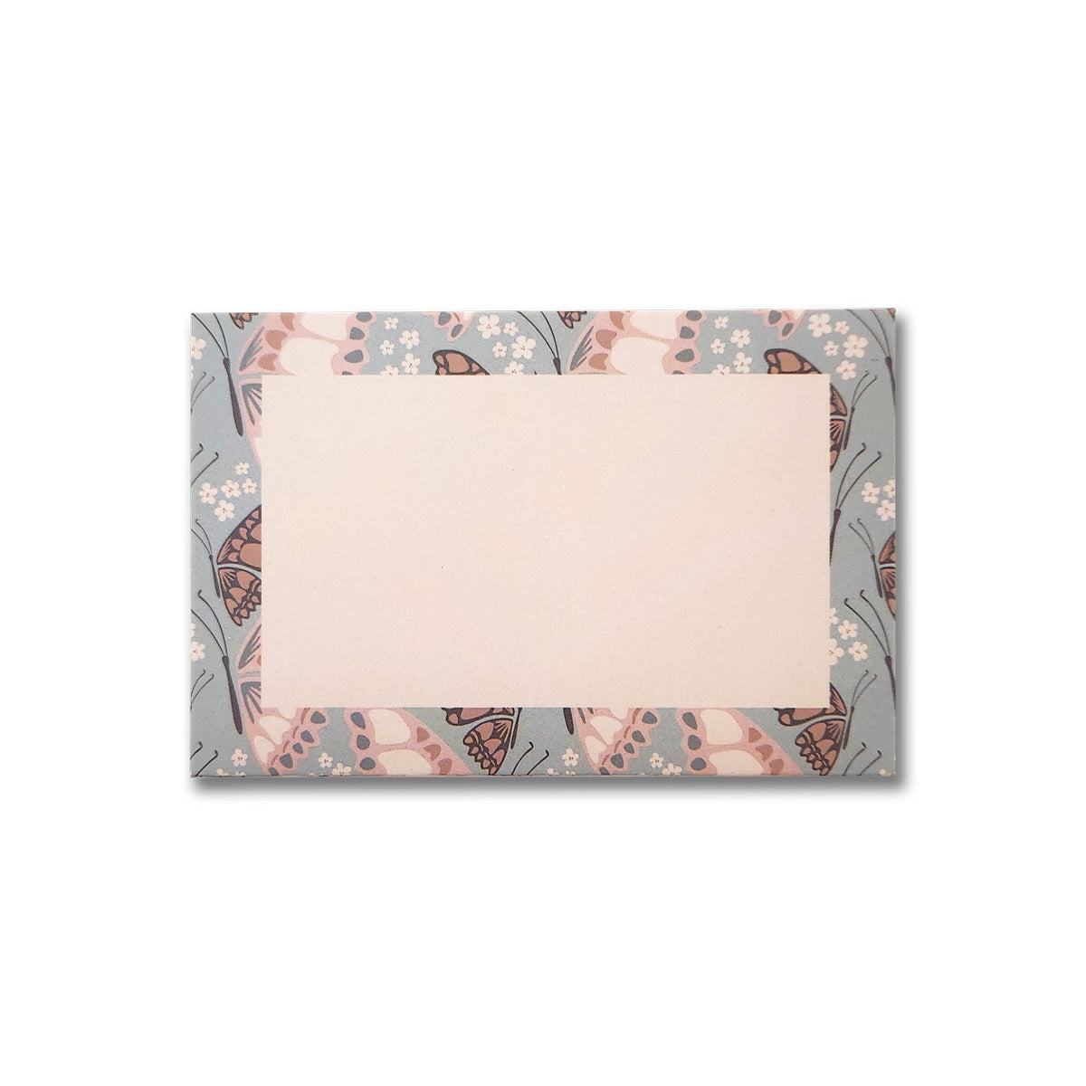 Introducing the Butterfly Floral 6 Pk Gift Card Envelopes by Maylay Co., featuring a charming rectangular design. Each envelope showcases a blank center area surrounded by an intricate pattern of butterflies and flowers in soft shades of blue, pink, and white. The elegant design is enhanced with a premium matte finish, adding sophistication to your gift presentation.