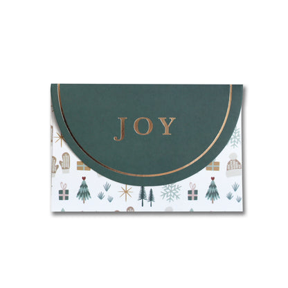 Cozy Winter JOY Christmas gift card envelope with gold foil lettering on the flap