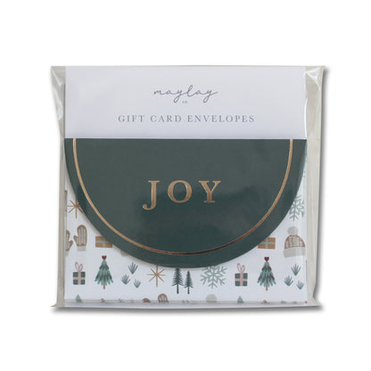 Cozy Winter JOY gift card envelopes, pack of 6, in clear packaging