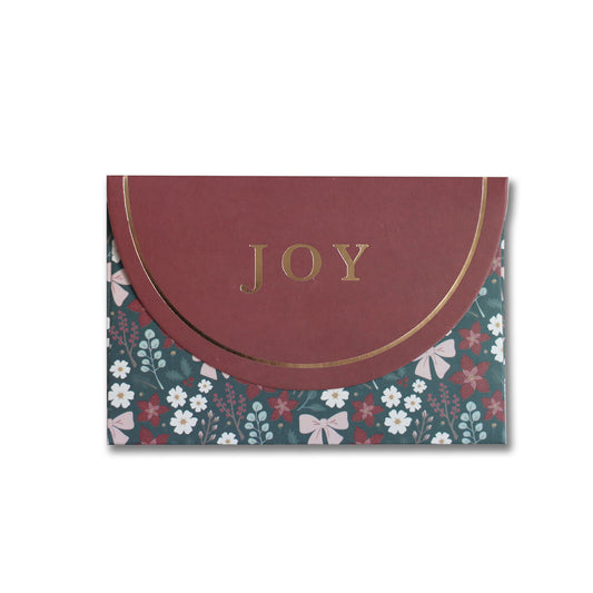 Festive Floral JOY Christmas gift card envelope with gold foil lettering on the flap