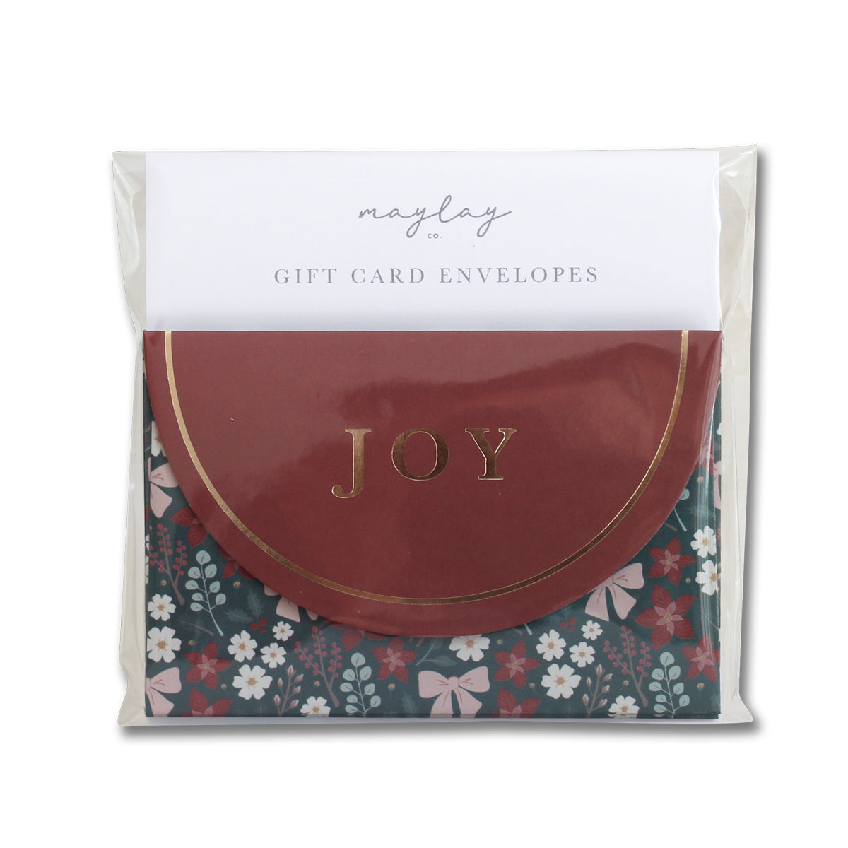 Festive Floral JOY gift card envelopes, pack of 6, in clear packaging