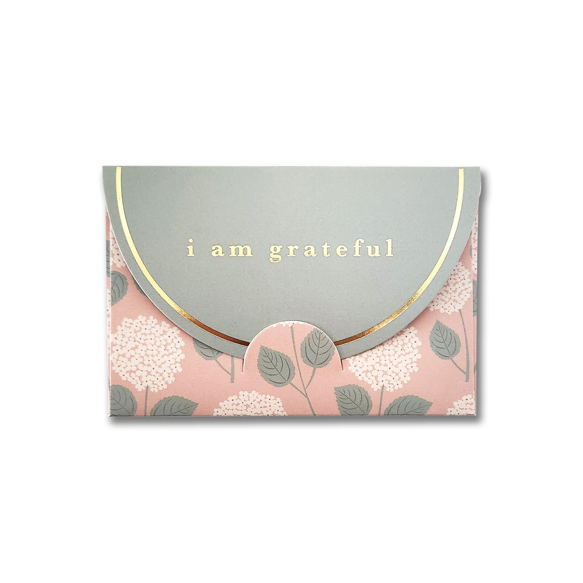 The Hydrangeas Floral 6 Pk Gift Card Envelopes by Maylay Co. showcase a decorative floral pattern in pastel colors. Their premium matte finish adds elegance, with a green flap featuring a gold foil design that reads "I am grateful." The lower section is pink, adorned with white hydrangea flowers and lush green leaves.