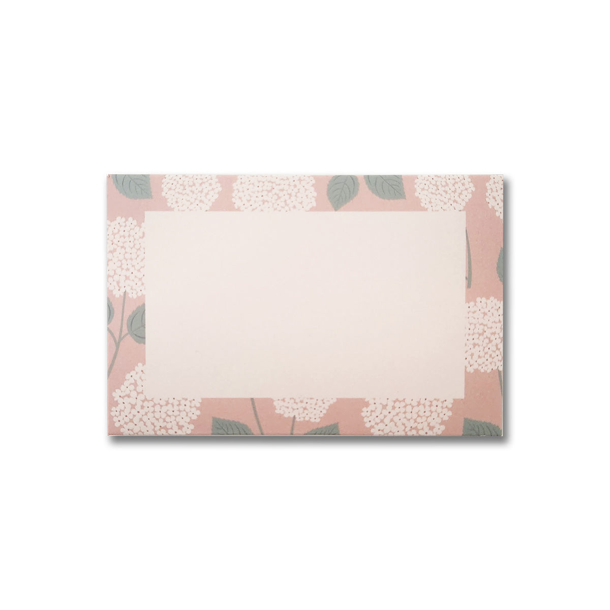 Product: Maylay Co. Hydrangeas Floral Gift Card Holders 6 Pack, featuring a blank white center bordered by a pink floral design with white blooms and green leaves, elegantly accented with subtle gold foil detailing.