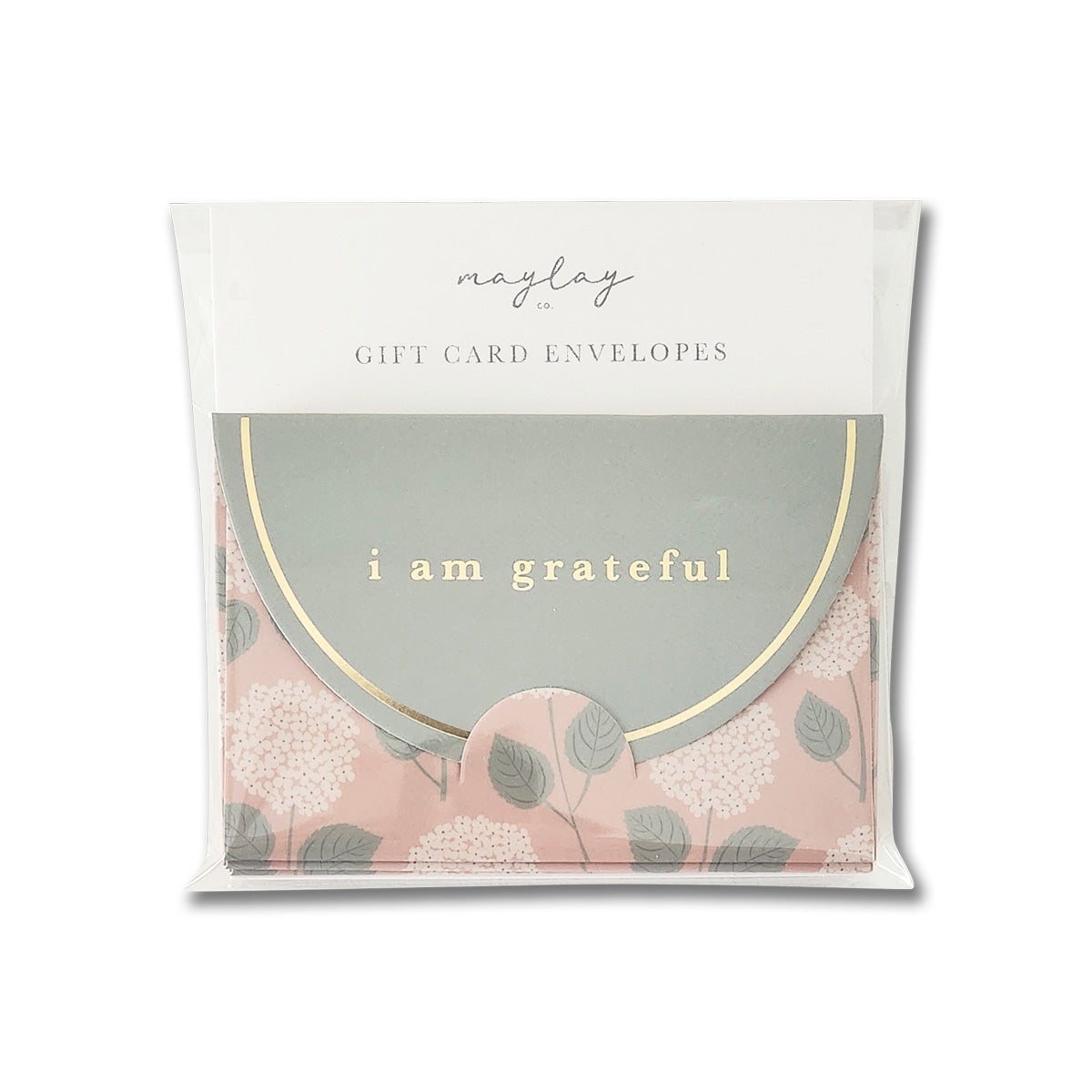 A set of six Hydrangeas Floral Gift Card Envelopes by Maylay Co., each featuring a premium matte finish. The visible envelope is embellished with pink floral patterns and the phrase "I am grateful" in an elegant gold foil design.