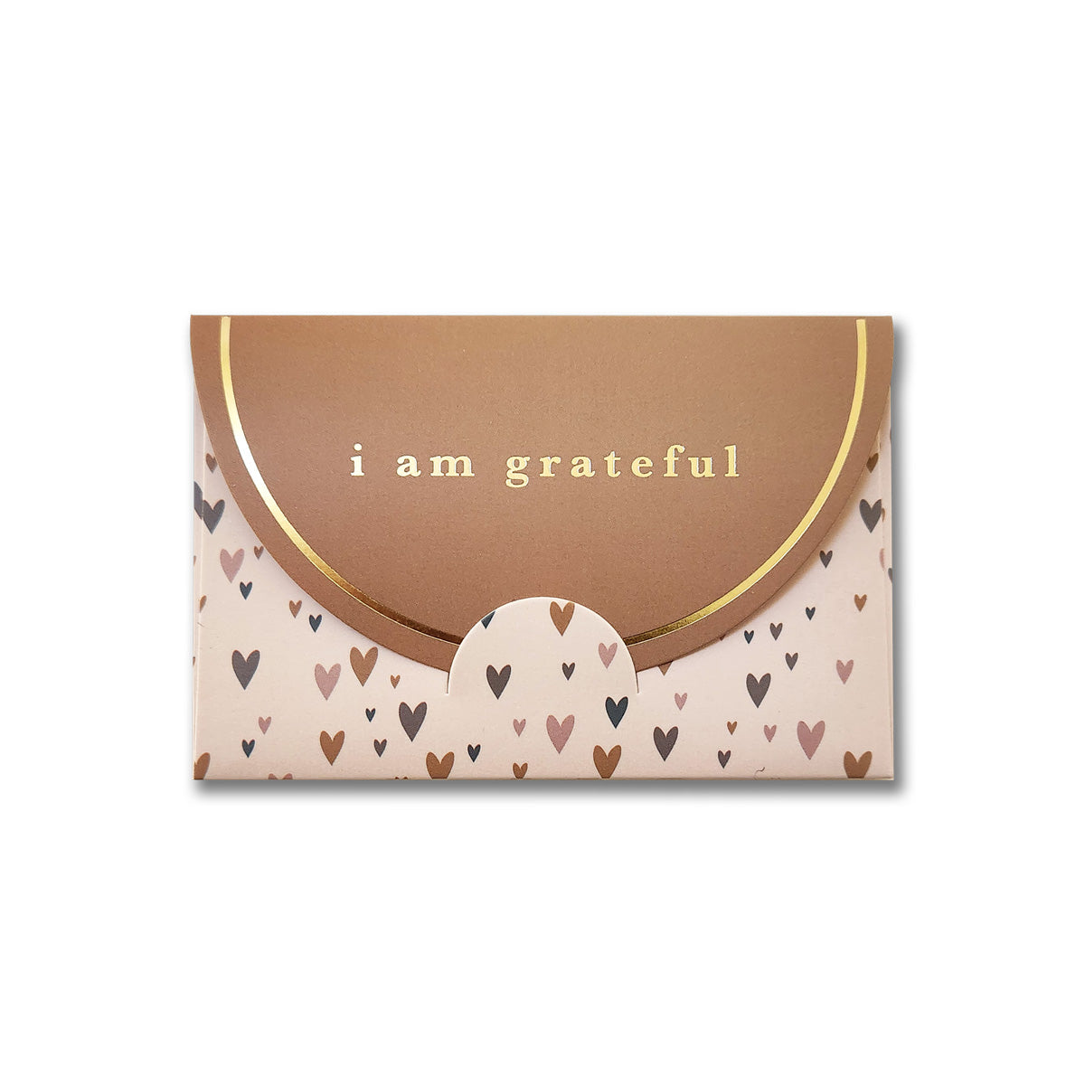 The Little Hearts 6 Pk Gift Card Envelopes by Maylay Co. come in a pink and brown color scheme, featuring a premium matte finish with gold foil lettering that says "I am grateful." They are adorned with small heart patterns in black, brown, and gold.