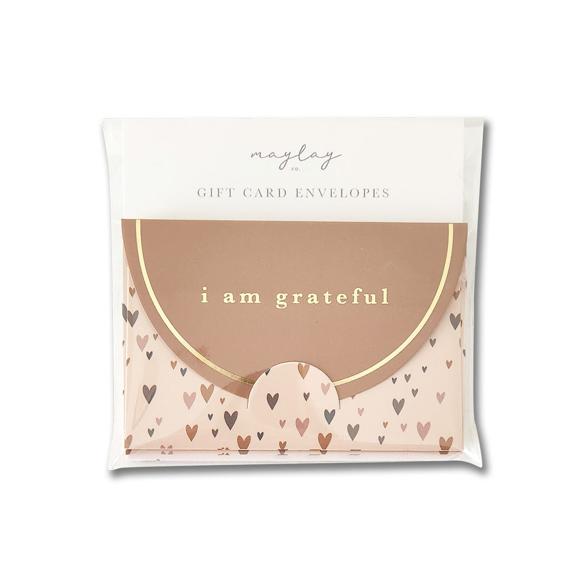 A pack of Little Hearts gift card envelopes from Maylay Co. showcases a premium matte finish inside a clear plastic cover. The front envelope is brown with small heart patterns and features the text "i am grateful" in an elegant gold foil design, with the brand name displayed prominently at the top.