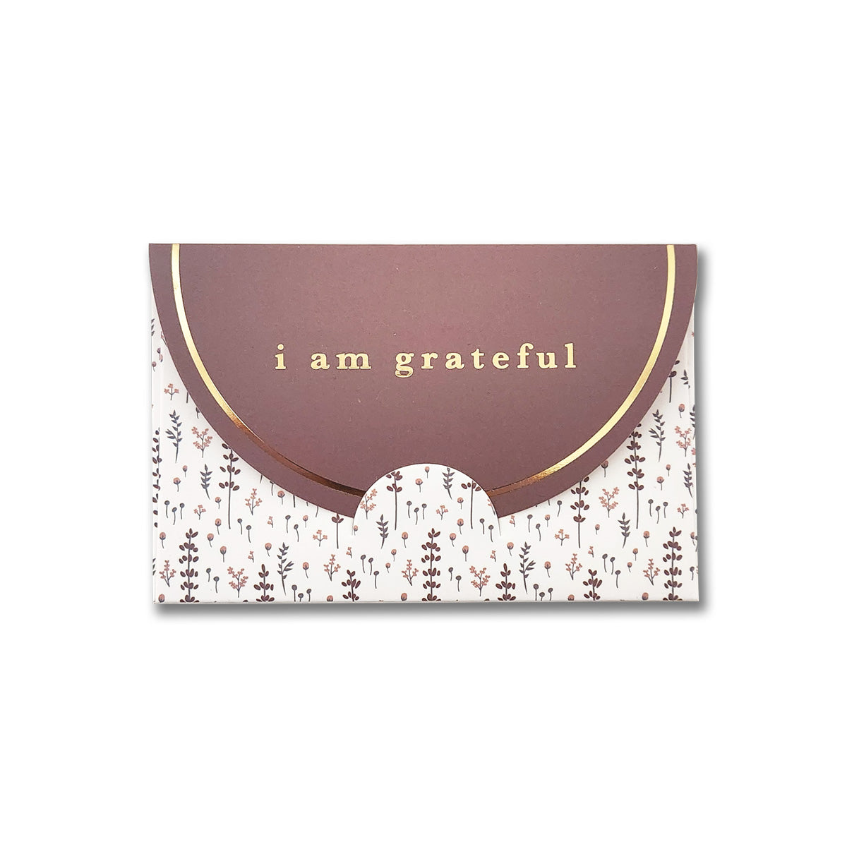 This decorative card features a brown flap adorned with gold foil that elegantly spells out "I am grateful." The lower section displays a floral pattern with delicate flowers and leaves, adding to its thoughtful design. It pairs perfectly with the Lovely Lavender Floral 6 Pk Gift Card Envelopes by Maylay Co., providing a premium matte finish for your gift presentation.