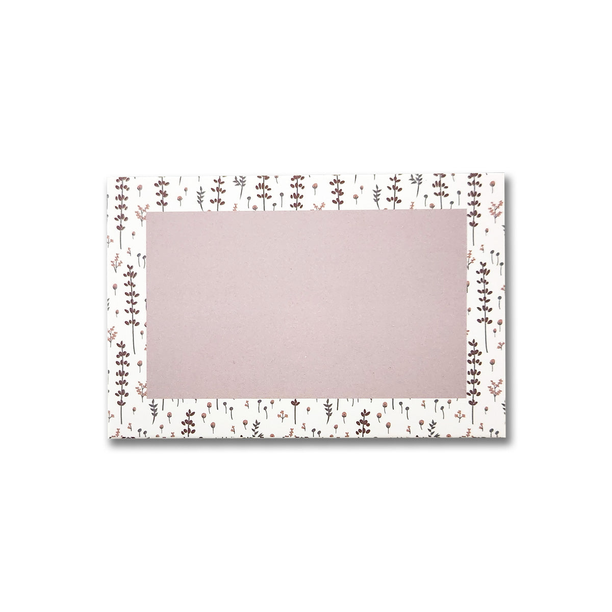 A set of Lovely Lavender Floral gift card envelopes by Maylay Co. are designed in a rectangular shape with a premium matte finish and showcase small, delicate brown and pink flowers on a white background, leaving the center as an empty space for holding a gift card.