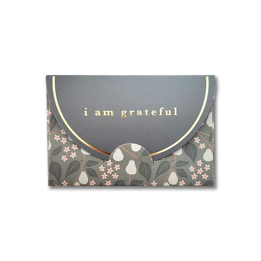 Introducing the Maylay Co. Pears 6 Pk Gift Card Envelopes, featuring a luxurious gold foil design elegantly inscribed with "I am grateful." These gift card holders showcase a sophisticated dark background embellished with white pears and pink flowers, all encapsulated in a premium matte finish—ideal for creating a memorable presentation.