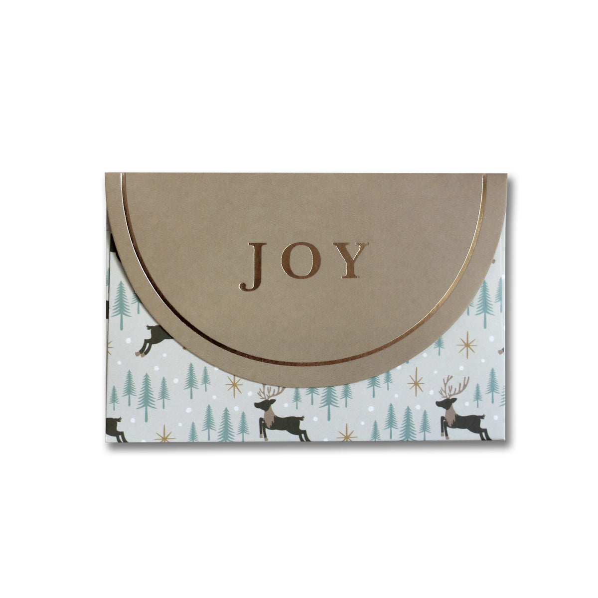 Reindeer Forest JOY Christmas gift card envelope with gold foil lettering on the flap