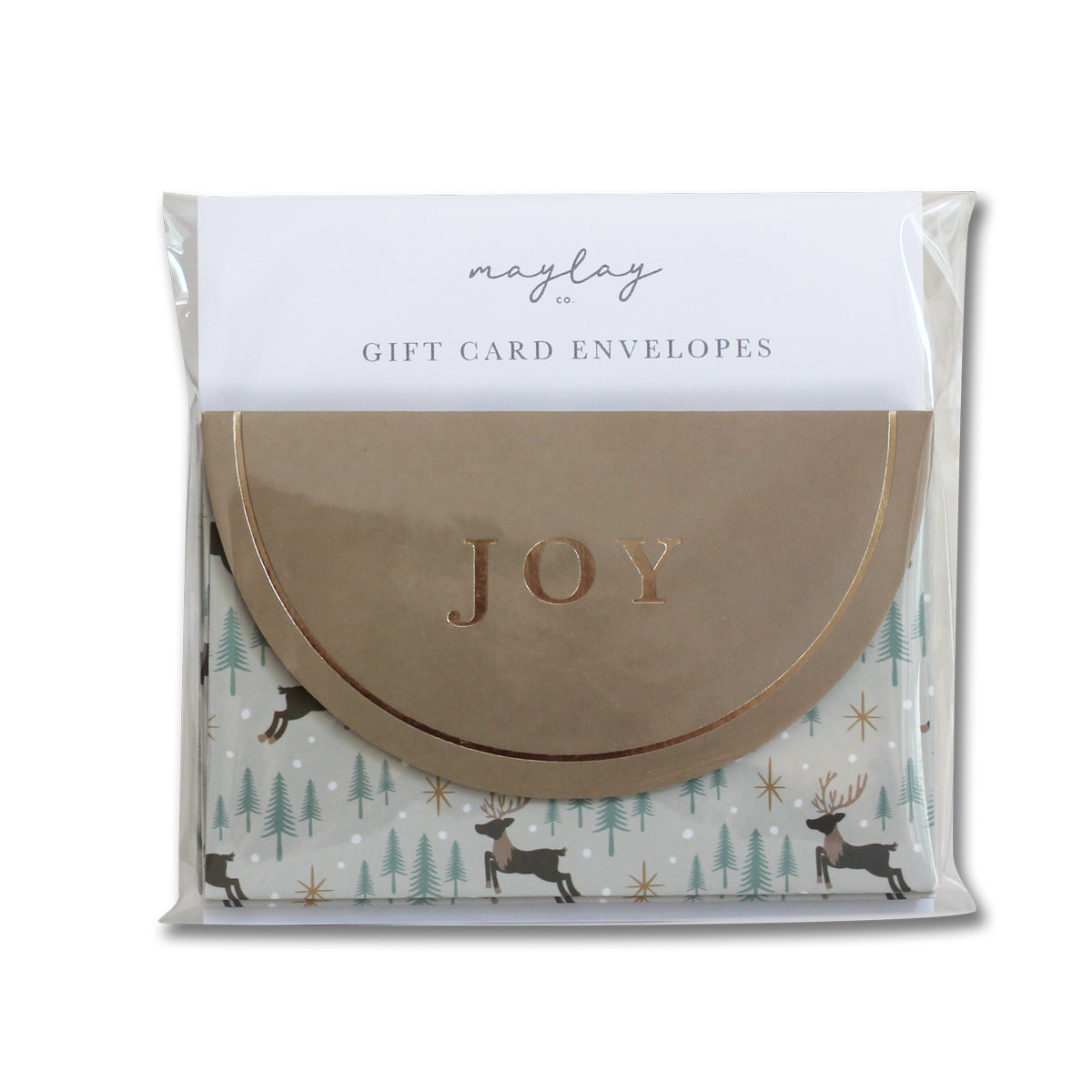 Reindeer Forest JOY gift card envelopes, pack of 6, in clear packaging