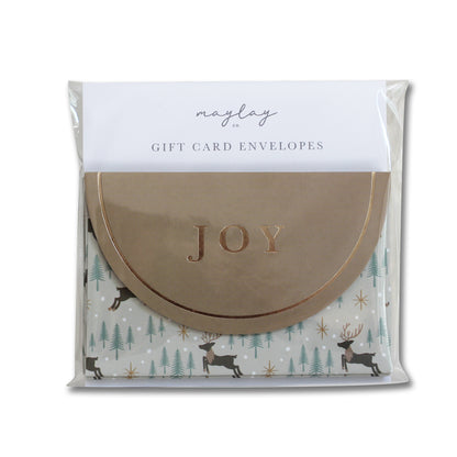 Reindeer Forest JOY gift card envelopes, pack of 6, in clear packaging