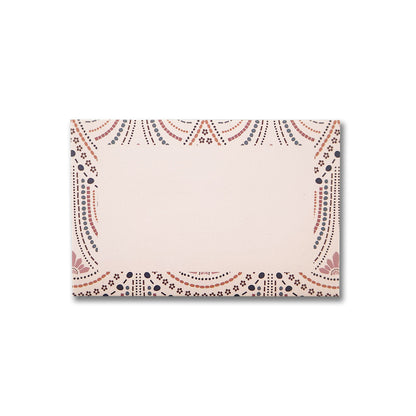 A sophisticated white rectangular card from Maylay Co.'s "So Delicate 6 Pk Gift Card Envelopes" series, elegantly embellished with intricate pink and black floral and geometric designs along the top and bottom edges, featuring a premium matte finish.