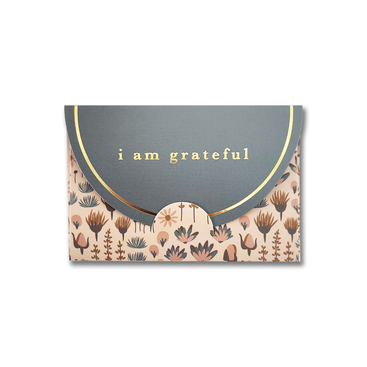 The Sweetness Floral 6 Pk Gift Card Envelopes by Maylay Co. are crafted from matte finish paper and showcase a green flap with the phrase "I am grateful." The bottom of each envelope is adorned with a floral pattern in muted shades of pink, brown, and green, enhanced by a subtle gold foil design for added elegance. These envelopes make an ideal choice for gift card holders.