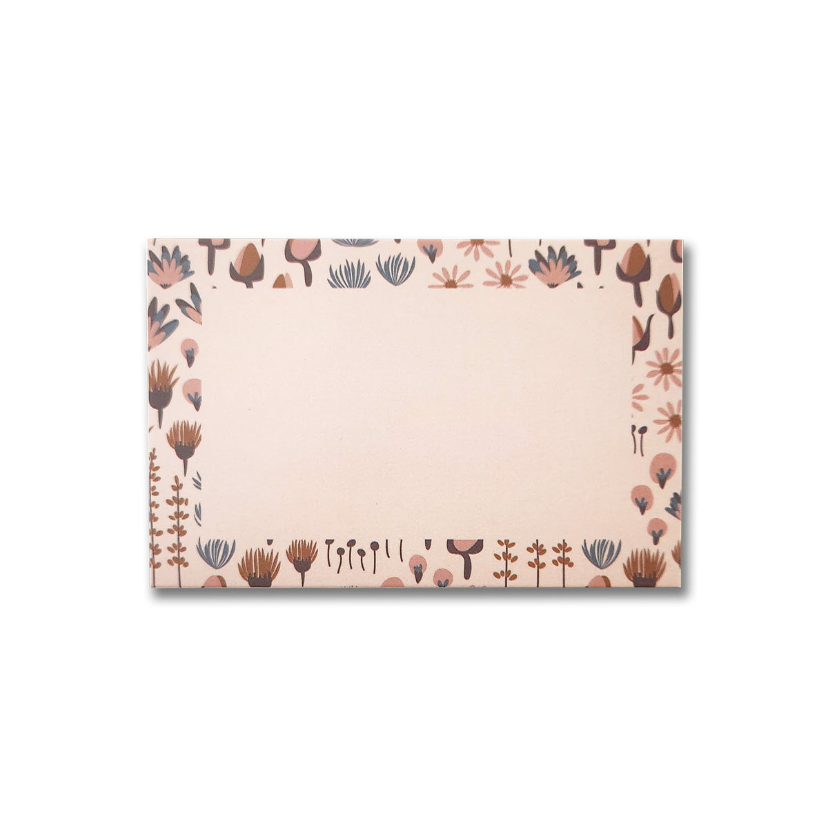 The Sweetness Floral gift card envelopes by Maylay Co. feature a rectangular sheet of cream-colored paper adorned with a border of small, vintage-style floral illustrations in soft brown and blue tones. The center is blank, making it ideal for writing. With a matte finish that adds elegance, this design pairs perfectly with the six-pack gift card envelopes.