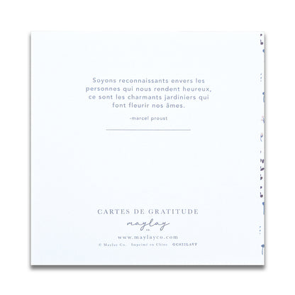 Dos d’une carte de gratitude Maylay Co. avec citation en français
