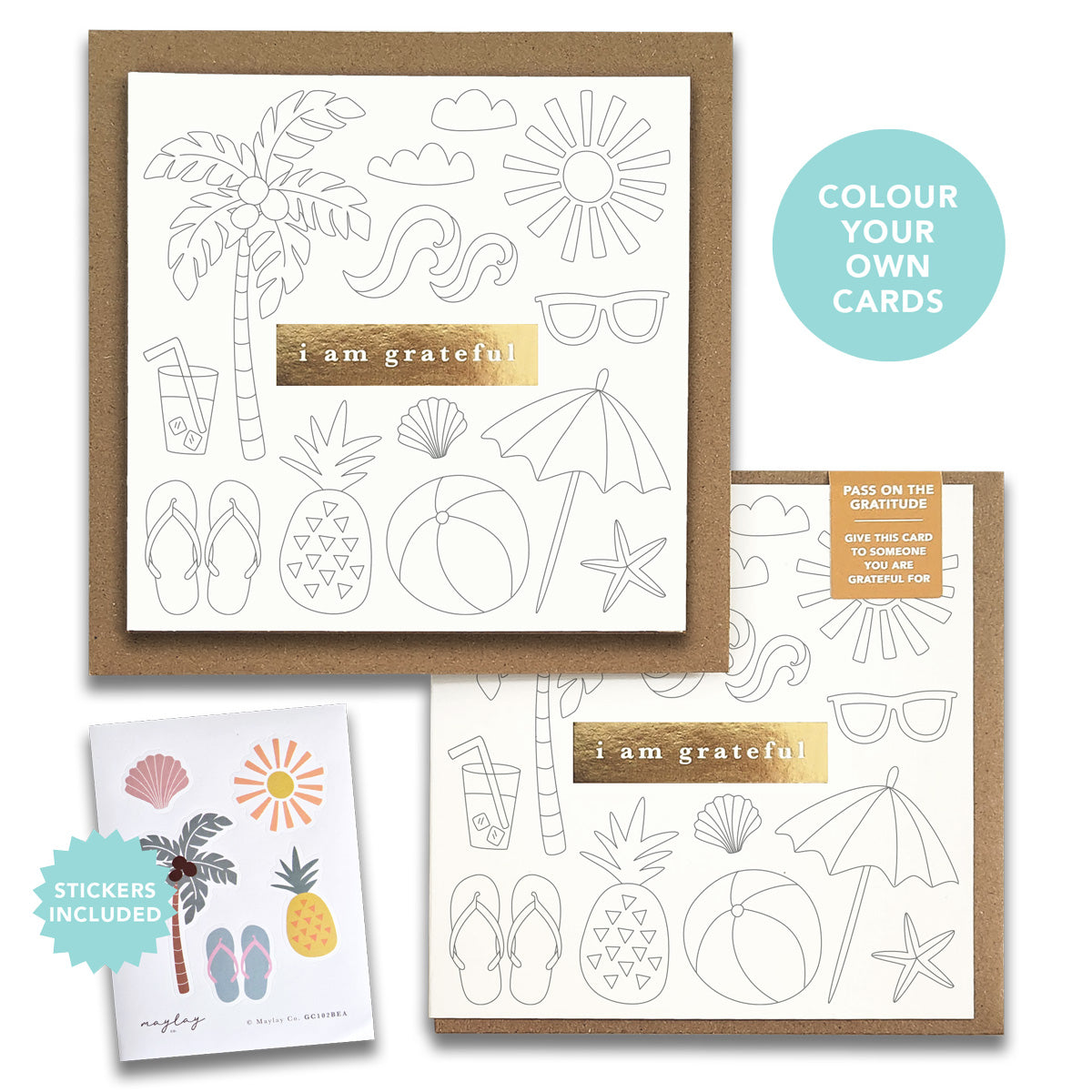 Kids Beach "I Am Grateful" Gratitude Greeting Cards (Set of 2) — Colour-Your-Own Pay-It-Forward Thank You Cards