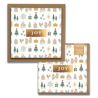 Cozy Winter JOY Christmas gratitude cards with gold foil: winter trees, mittens, knit hats and gifts on cream