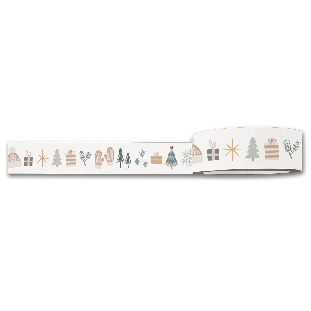 Cozy Winter JOY Christmas washi tape partly unrolled: trees, mittens and gifts on cream