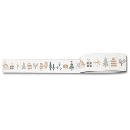 Cozy Winter JOY Christmas washi tape partly unrolled: trees, mittens and gifts on cream