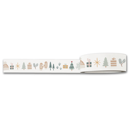 Cozy Winter JOY Christmas washi tape partly unrolled: trees, mittens and gifts on cream