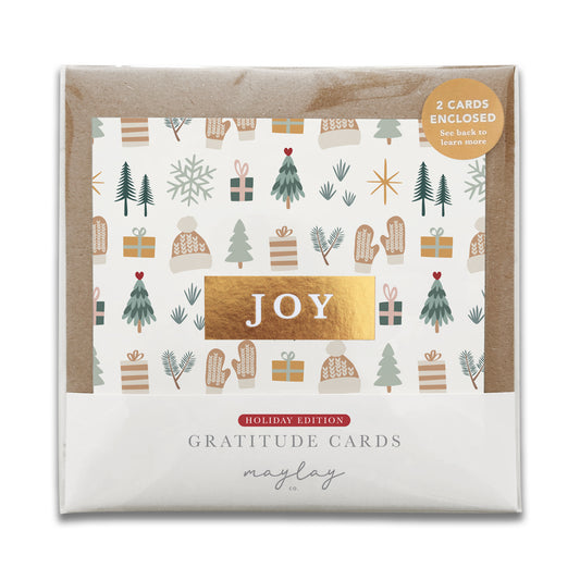 Cozy Winter JOY Christmas gratitude cards in clear packaging, set of 2 with kraft envelopes