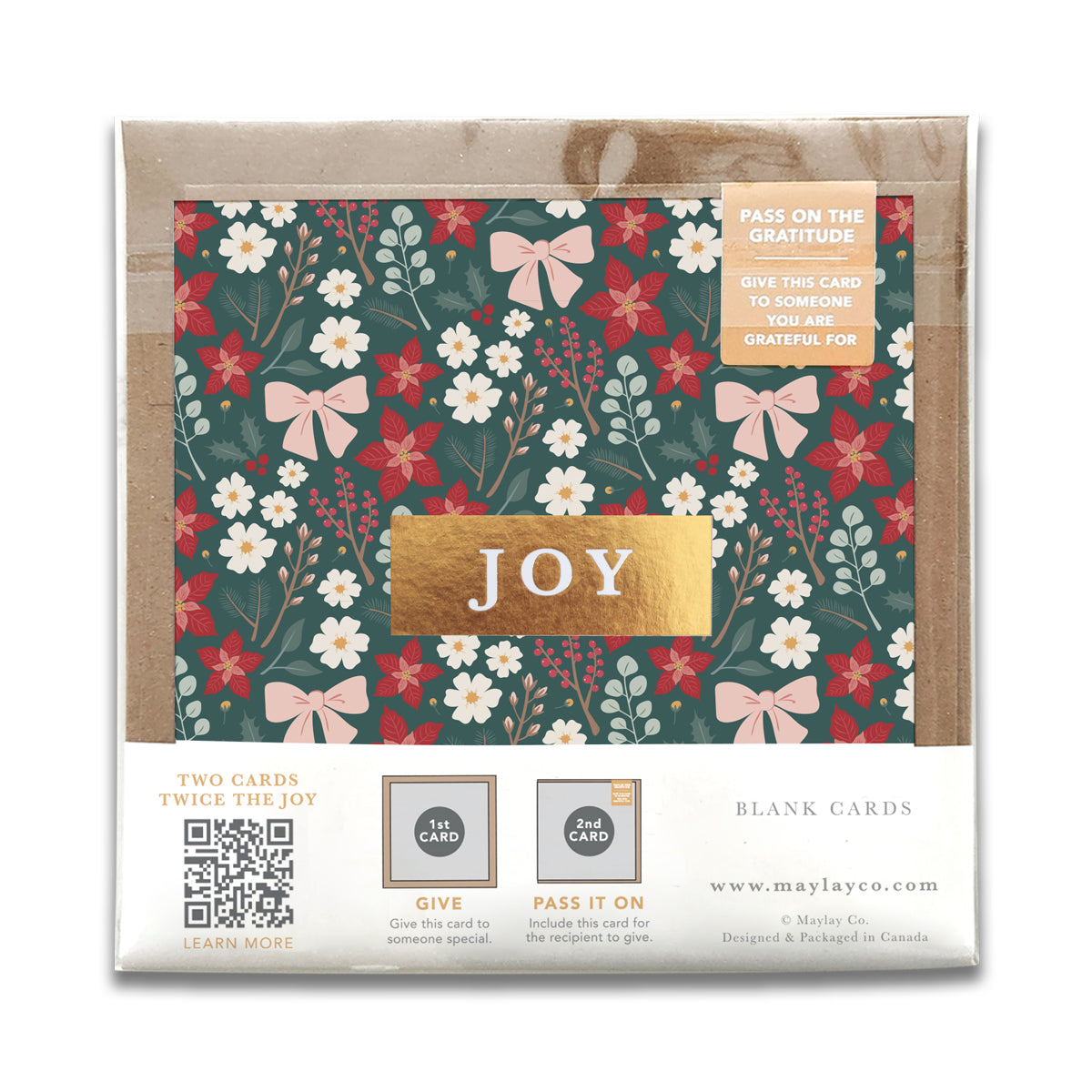 Back of the Festive Floral JOY gratitude card package with product details