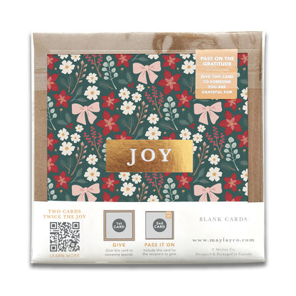 Back of the Festive Floral JOY gratitude card package with product details