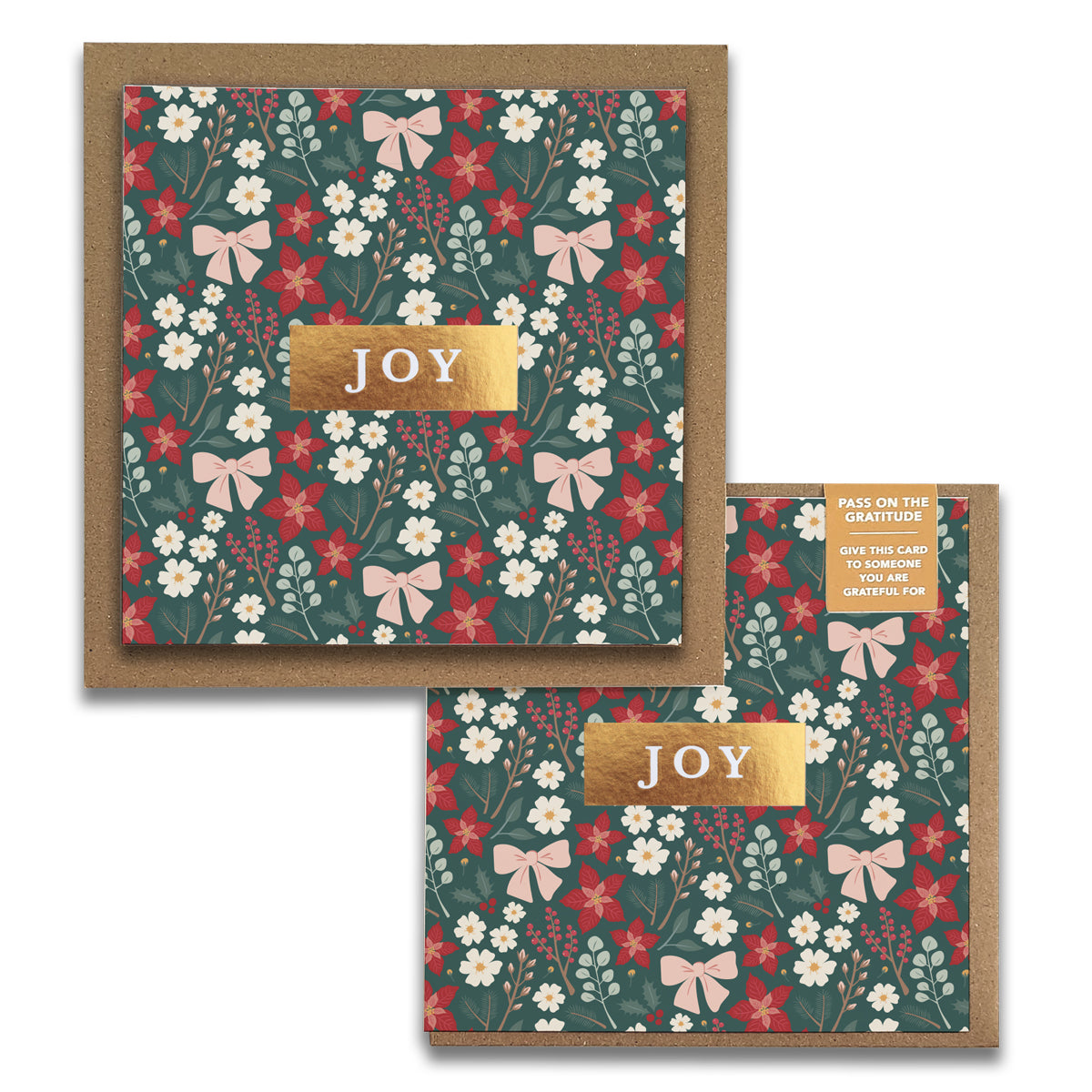 Festive Floral JOY Christmas gratitude cards with gold foil: red and white winter flowers and pink bows on deep green