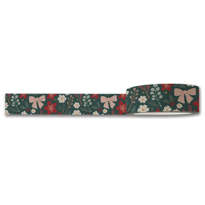 Festive Floral JOY Christmas washi tape partly unrolled: red and white florals on deep green