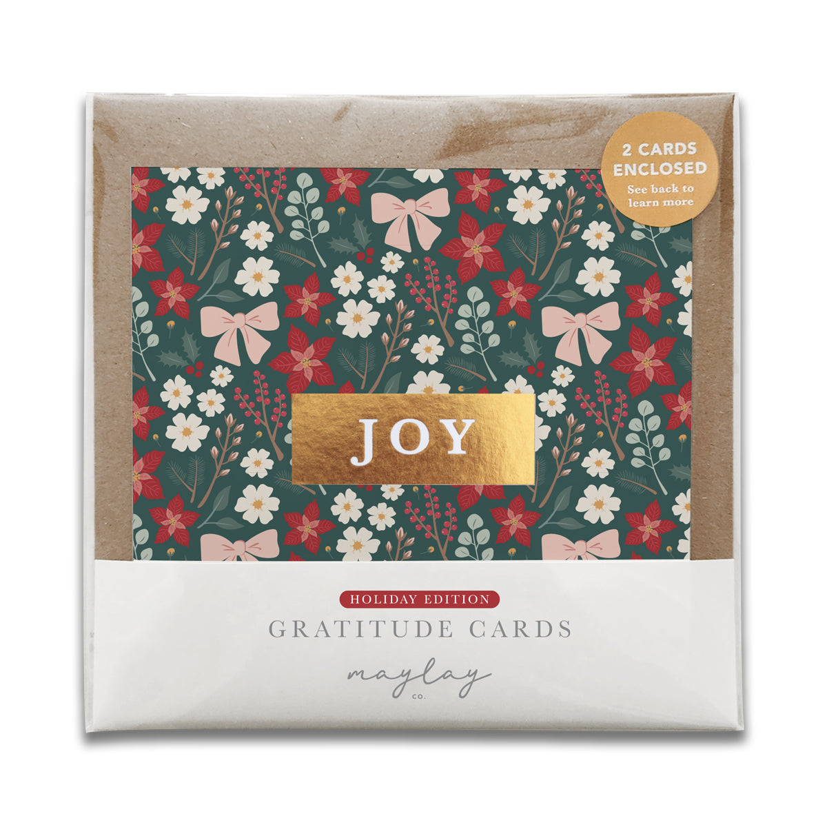 Festive Floral JOY Christmas gratitude cards in clear packaging, set of 2 with kraft envelopes
