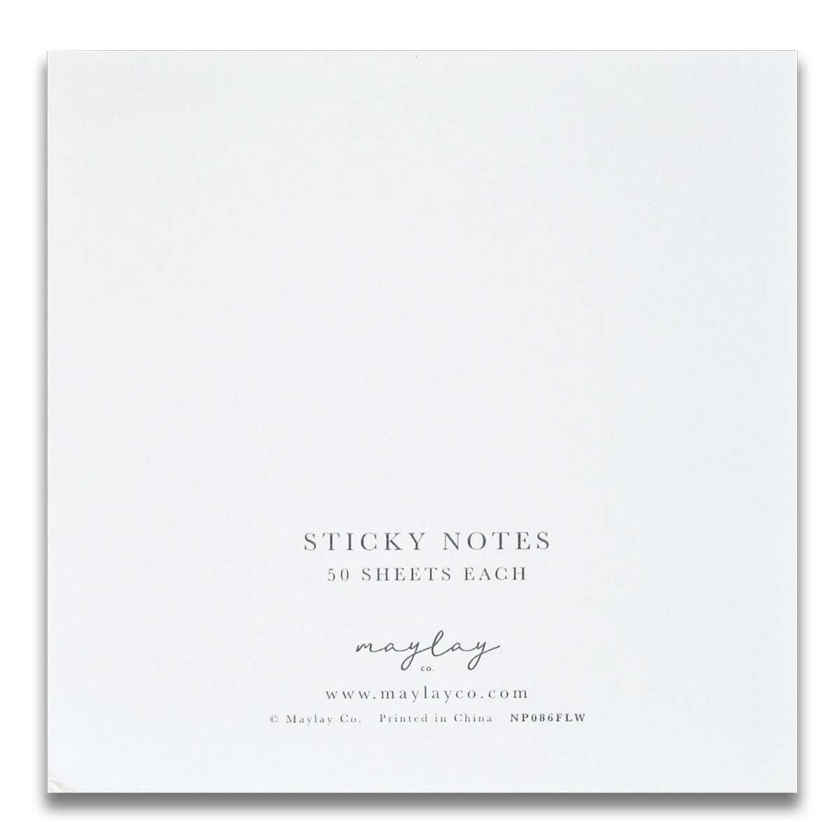 Photograph of a white pad of sticky notes adorned with delicate floral designs, displaying the text: "Florals Mini Sticky Notes, 50 Sheets Each." Beneath the image, it features maylayco.com and Maylay Co. Printed in China NP096FLW. These Floral Mini Sticky Notes by Maylay Co. are perfect for versatile use and bring a touch of charm to every reminder.