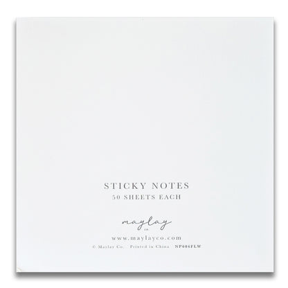 Photograph of a white pad of sticky notes adorned with delicate floral designs, displaying the text: "Florals Mini Sticky Notes, 50 Sheets Each." Beneath the image, it features maylayco.com and Maylay Co. Printed in China NP096FLW. These Floral Mini Sticky Notes by Maylay Co. are perfect for versatile use and bring a touch of charm to every reminder.