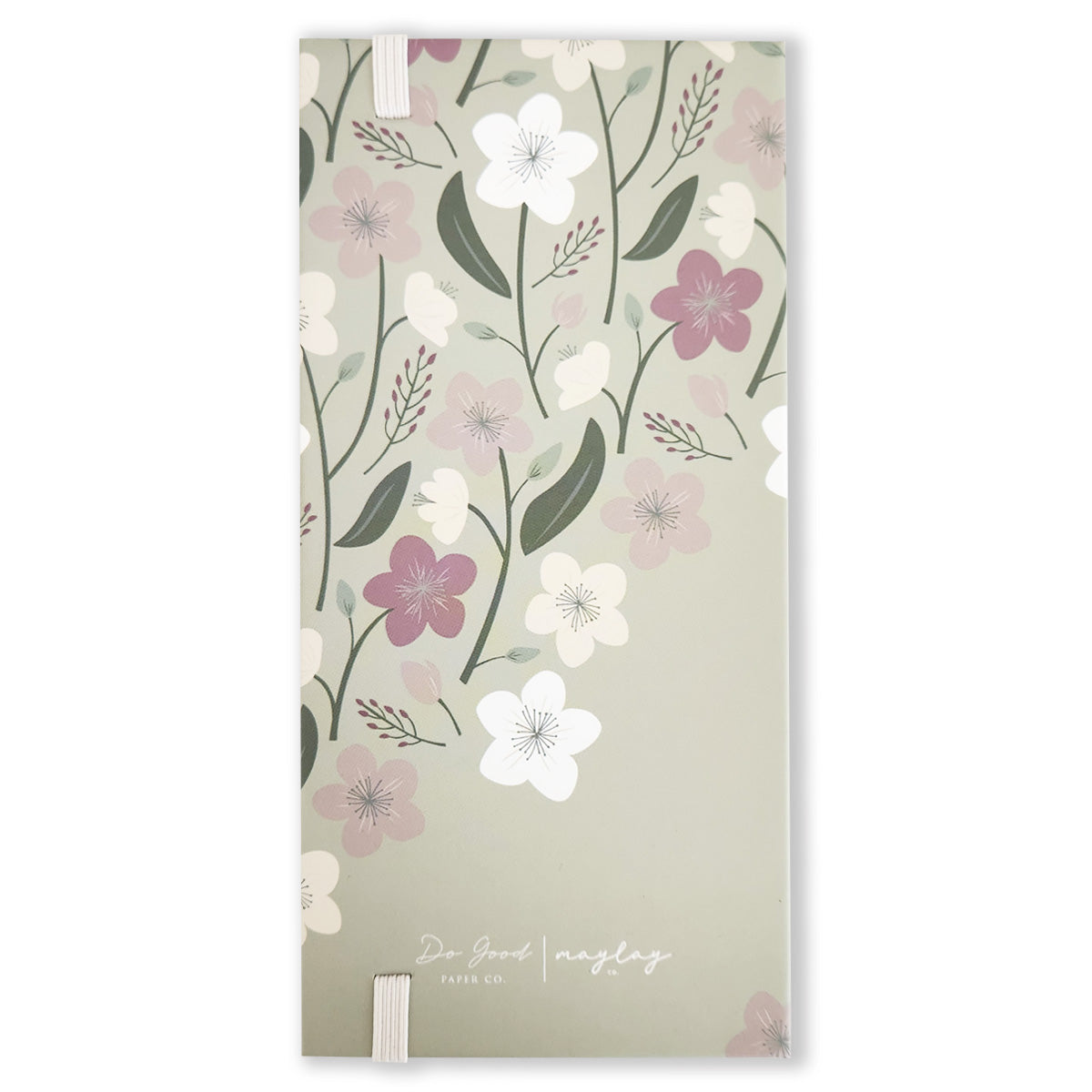 This elegant Enchanted Garden Book of Sticky Notes by Maylay Co. includes a light green cover adorned with a floral pattern of white, pink, and purple flowers amid green leaves. The design is minimalistic and refined, featuring a discreet logo at the bottom.