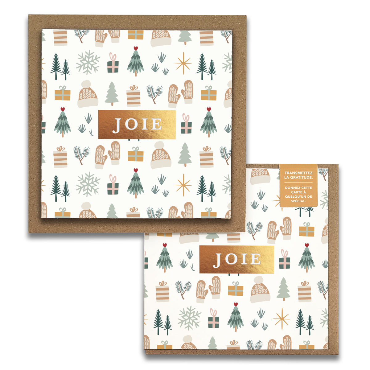 Cartes de Noël JOIE Cozy Winter avec dorure : sapins, mitaines, tuques et cadeaux sur fond crème