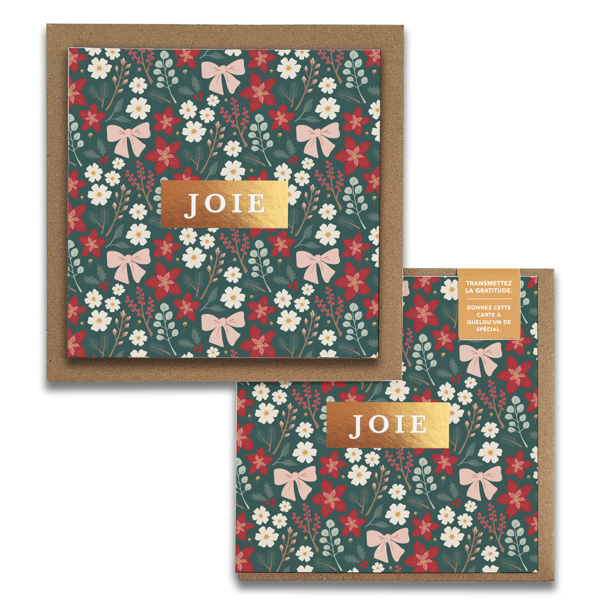 Cartes de Noël JOIE Festive Floral avec dorure : fleurs d’hiver rouges et blanches et nœuds roses sur vert profond