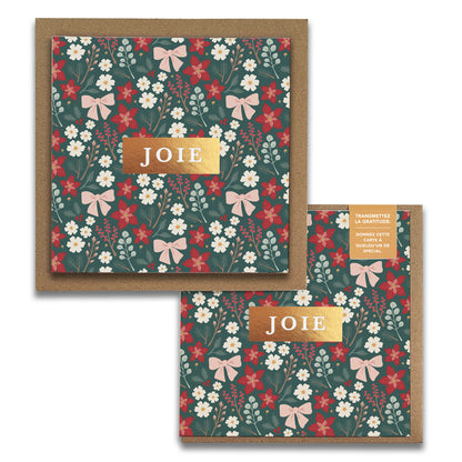 Cartes de Noël JOIE Festive Floral avec dorure : fleurs d’hiver rouges et blanches et nœuds roses sur vert profond