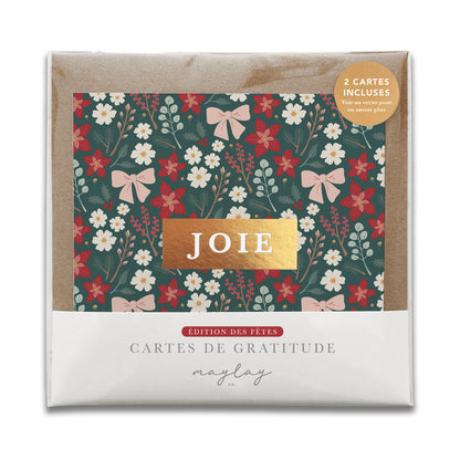 Cartes de gratitude de Noël JOIE Festive Floral dans leur emballage, ensemble de 2 avec enveloppes kraft