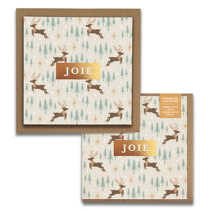 Cartes de Noël JOIE Reindeer Forest avec dorure : rennes, petits sapins et étoiles dorées sur fond crème