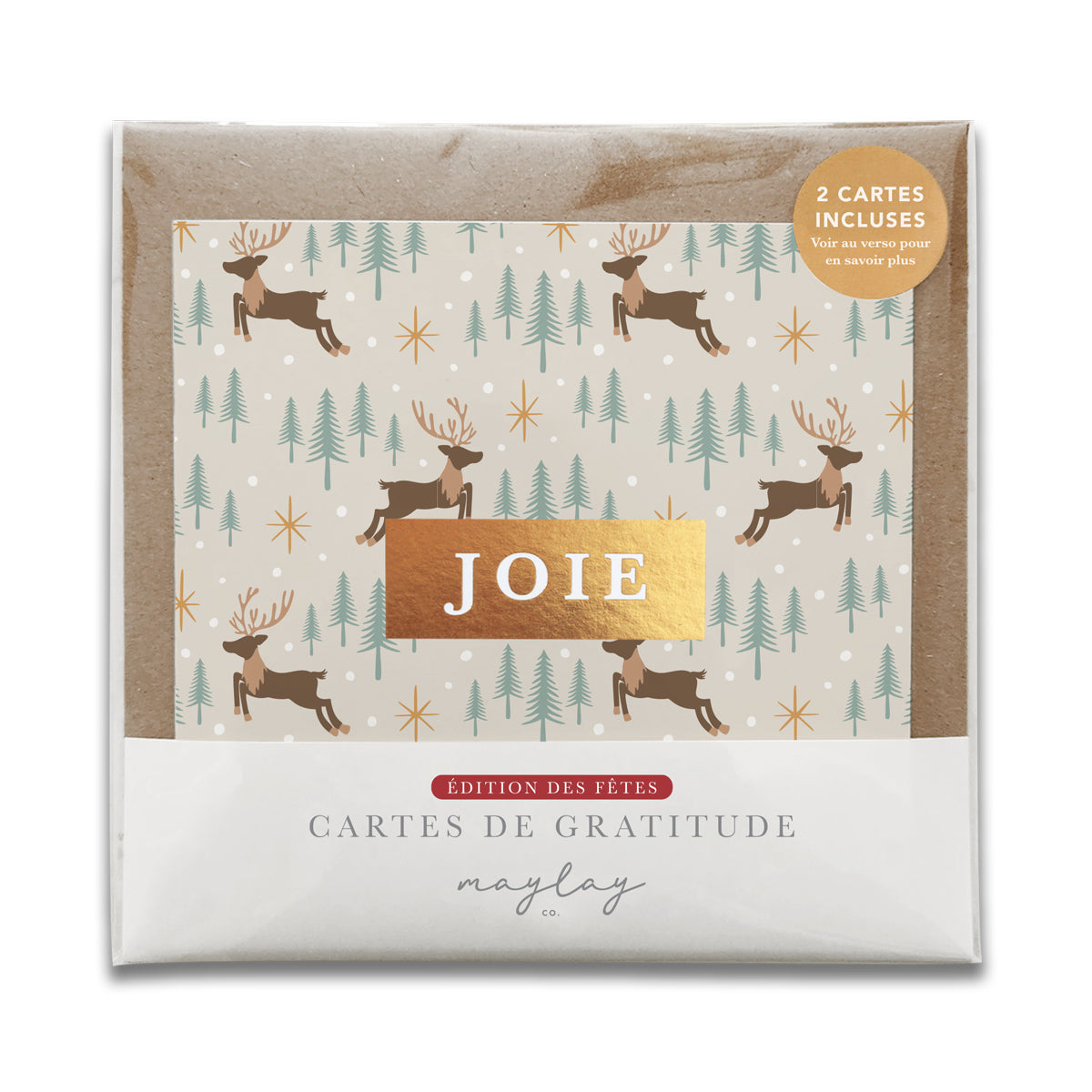 Cartes de gratitude de Noël JOIE Reindeer Forest dans leur emballage, ensemble de 2 avec enveloppes kraft
