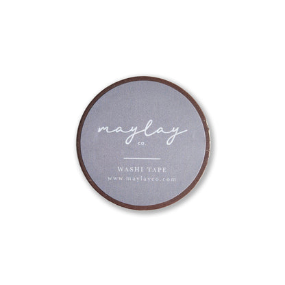 Round label featuring "Maylay Co." in white script on a gray background. Below the name, it reads "I Am Grateful Washi Tape - Terracotta Brown" and includes the website www.maylayco.com. Ideal for scrapbooking, the label is accented with a thin dark border.