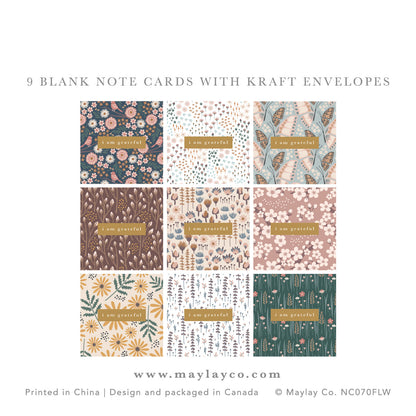 The Florals Gratitude Mini Note Card Set by Maylay Co. features nine premium quality greeting cards, each adorned with the phrase "I am grateful." Every card boasts its own distinct floral or leafy pattern in vibrant colors, highlighted by a gold foil stamp design, and is paired with a matching kraft envelope.