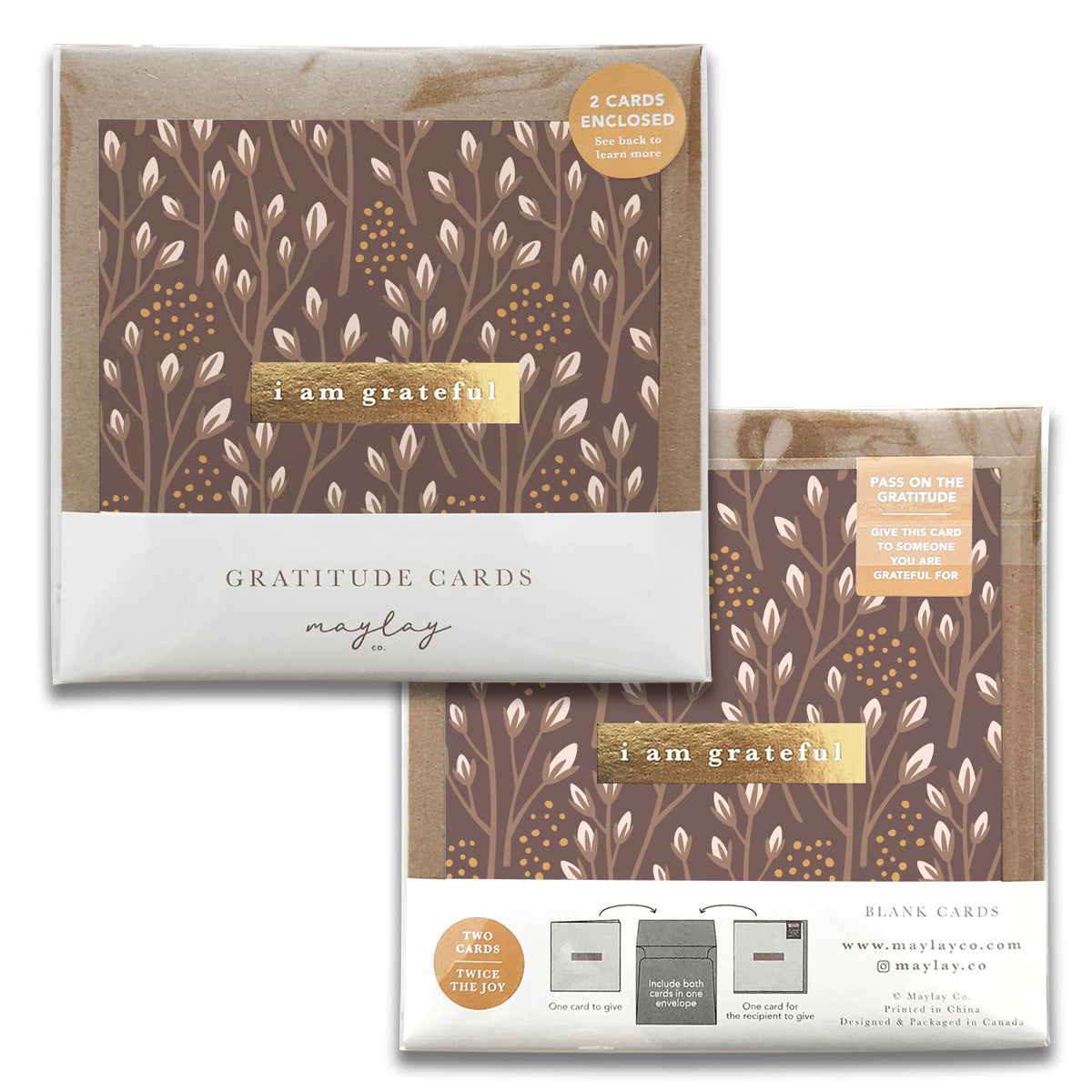 Introducing the Baby Blooms Gratitude Greeting Cards by Maylay Co.: a set of premium quality cards adorned with an elegant brown and beige floral design featuring the text "I am grateful." This thoughtful package includes two blank greeting cards accompanied by envelopes, and a small sticker notes that there are two cards enclosed.