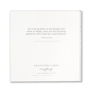 The image showcases a high-quality card with a quote by Marcel Proust: "Let us be grateful to the people who make us happy; they are the charming gardeners who make our souls blossom." Beneath this, it reads Sunflowers Gratitude Greeting Cards, Maylay Co., www.maylayco.com, Printed in China.