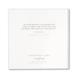 A white card displays the quote by Marcel Proust: "Let us be grateful to the people who make us happy; they are the charming gardeners who make our souls blossom." Beneath it, you'll find "Festive Holiday Gratitude Greeting Cards," www.maylayco.com, and "Printed in China," making it an ideal option for heartfelt greetings.