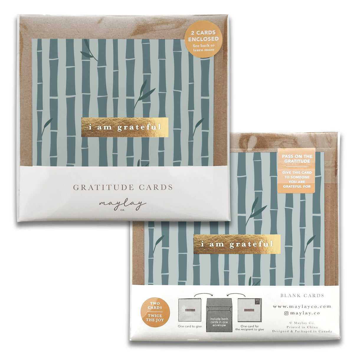 Two sets of Maylay Co.'s Bamboo Gratitude Greeting Cards, each showcasing elegant bamboo designs on the covers. Each set includes two cards with "I am grateful" beautifully embossed on a gold label, which also provides room for personal messages. Ideal as greeting cards, available at maylay.co.