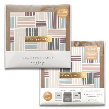 Basketweave Gratitude Greeting Cards by Maylay Co. feature a geometric design in muted colors and the phrase "I am grateful" on the cover, making them perfect for use as thank you cards. Each pack includes two greeting cards.